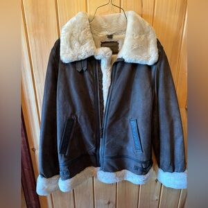 St. John's Bay Dark Brown Leather Jacket with White Trim